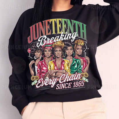 a woman wearing a black sweatshirt with a group of women on it