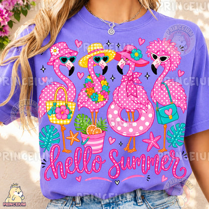 Hello Summer Flamingos Sublimation Design PNG Pink Flamingo Digital Download NEW26
