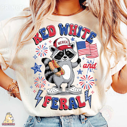 a woman wearing a red white and blue shirt