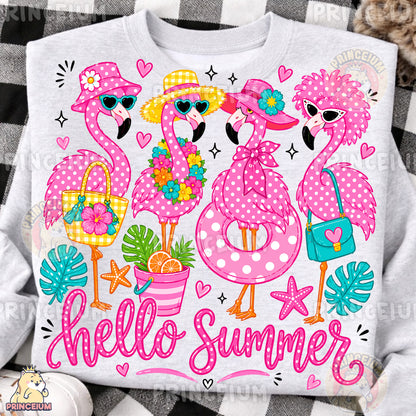 Hello Summer Flamingos Sublimation Design PNG Pink Flamingo Digital Download NEW26