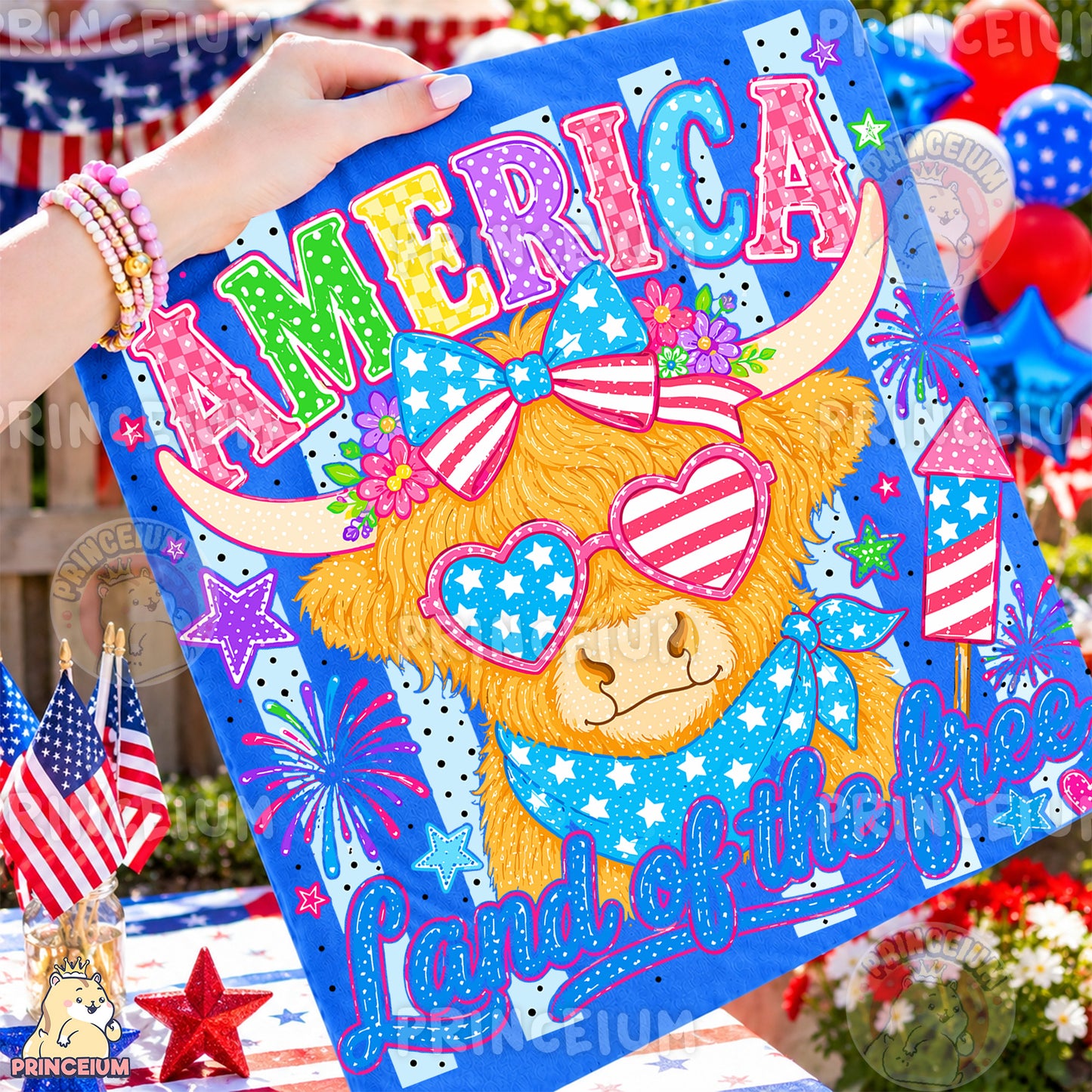 America Land of the Free PNG, Patriotic Highland Cow 4th of July Design, Americana Sublimation Graphic