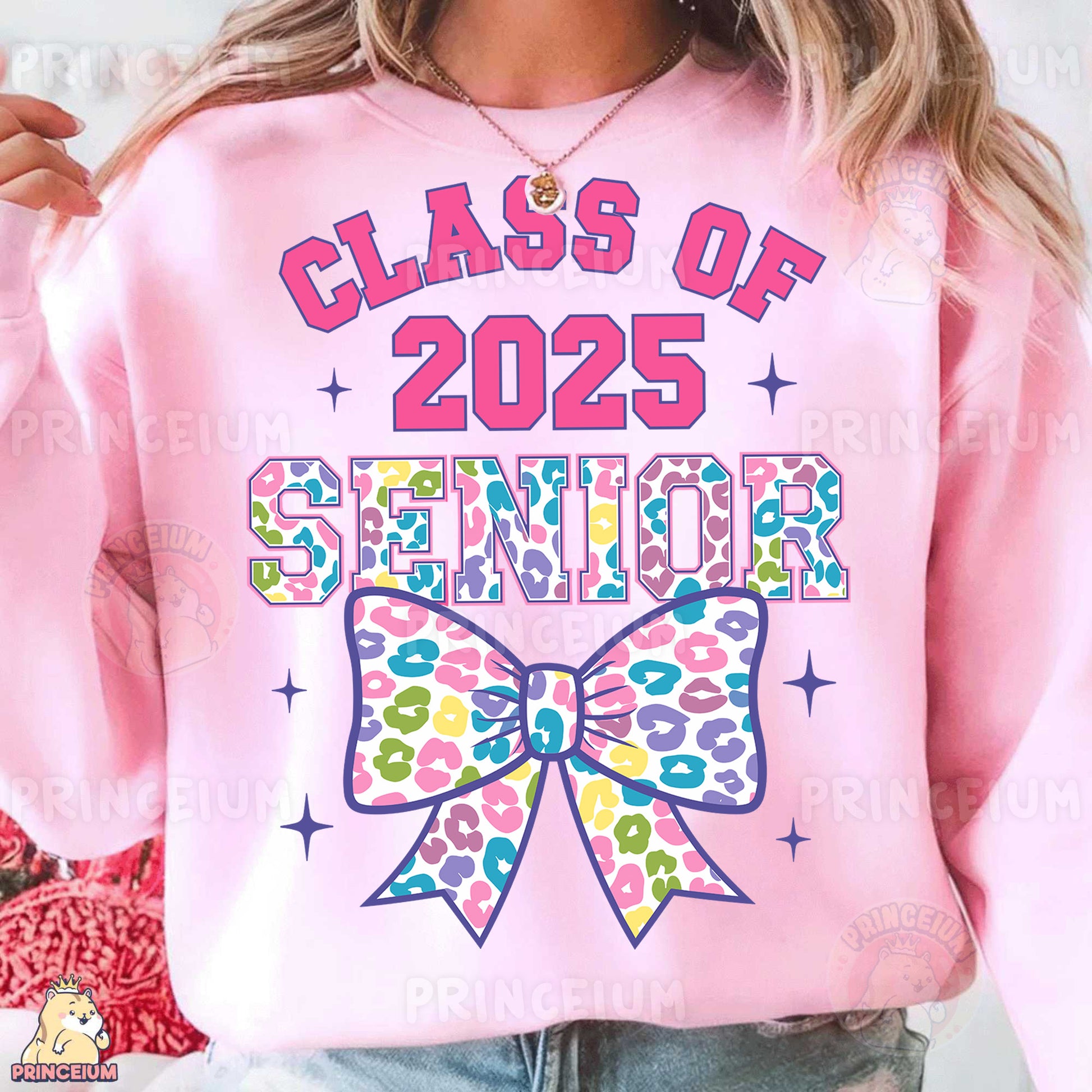a woman wearing a pink sweatshirt with a bow on it