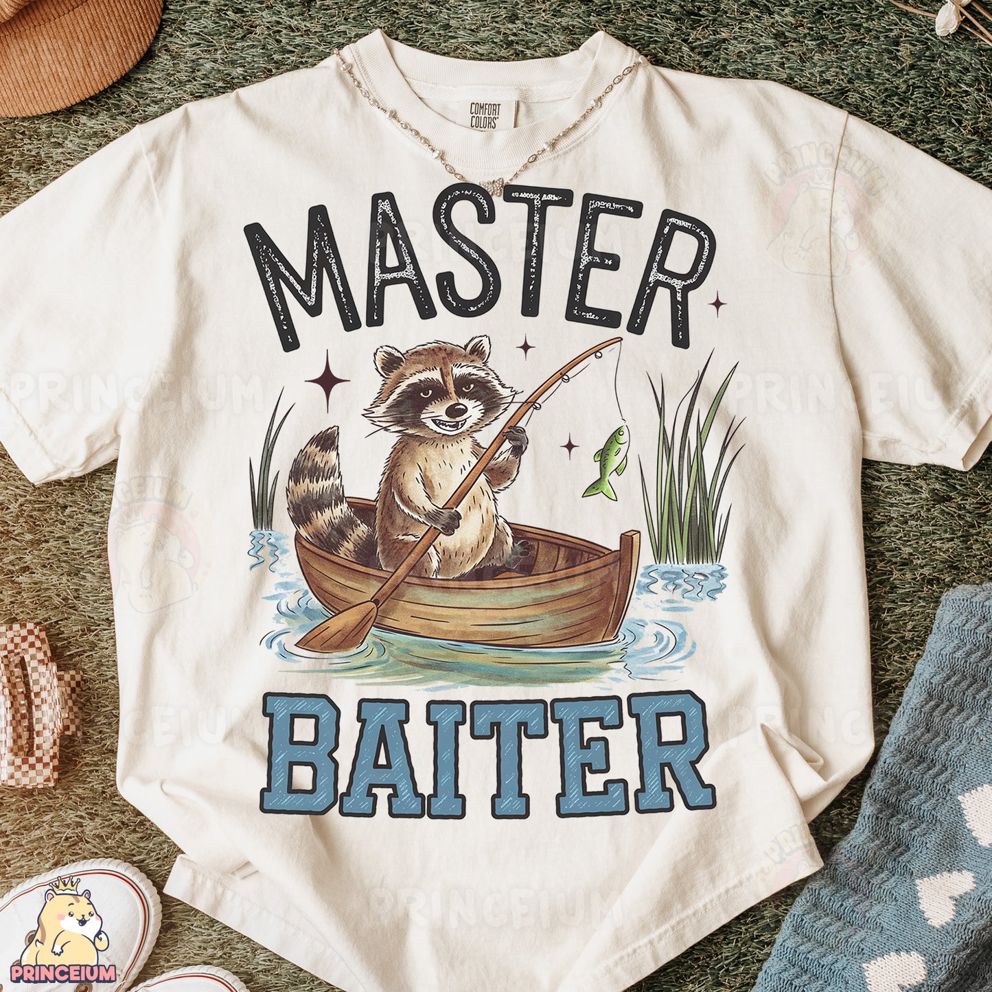 a shirt with a raccoon fishing on it