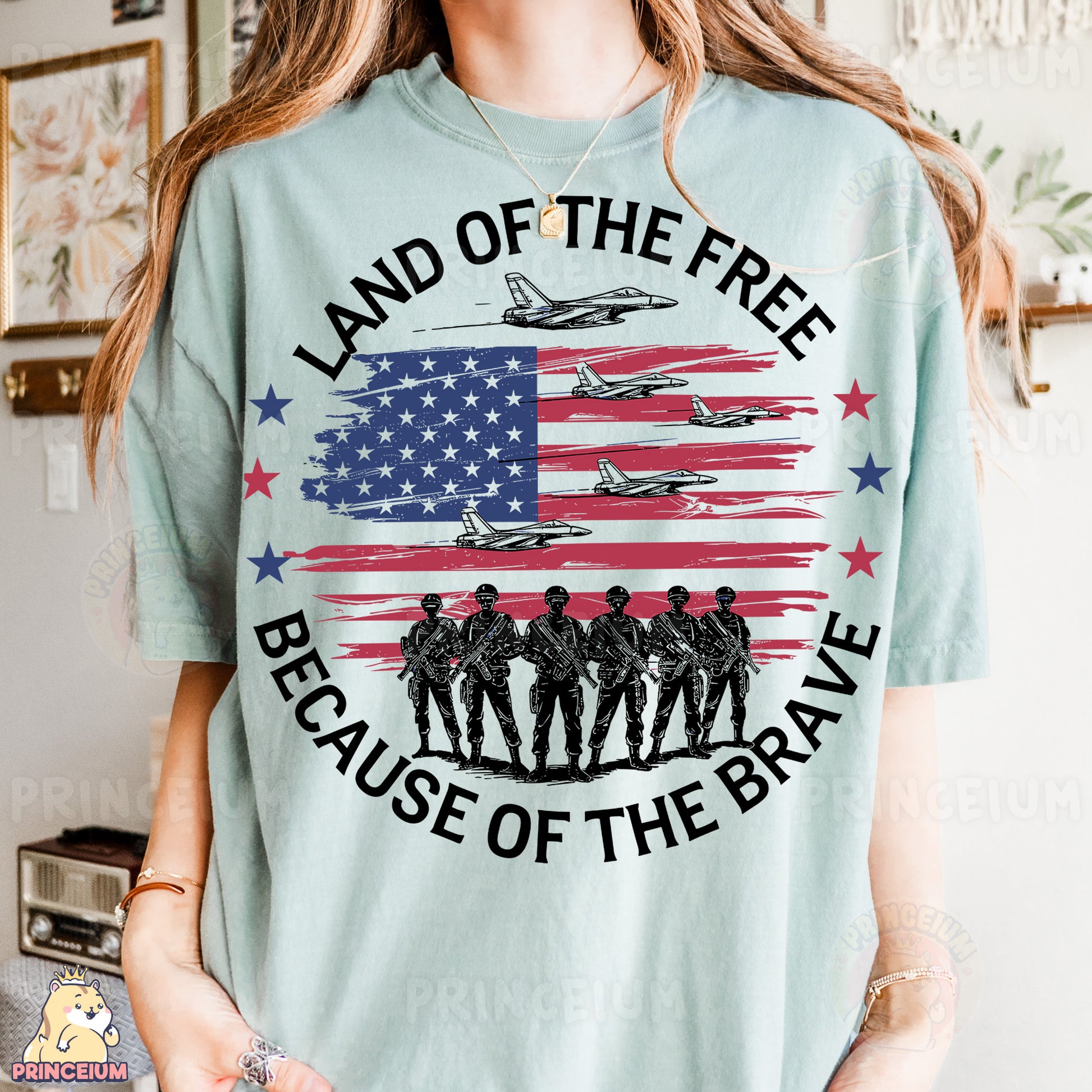 a woman wearing a t - shirt that says land of the free because of the