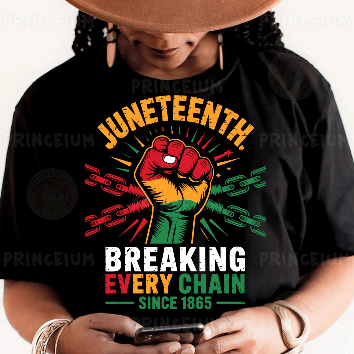 a person wearing a black shirt with a fist on it