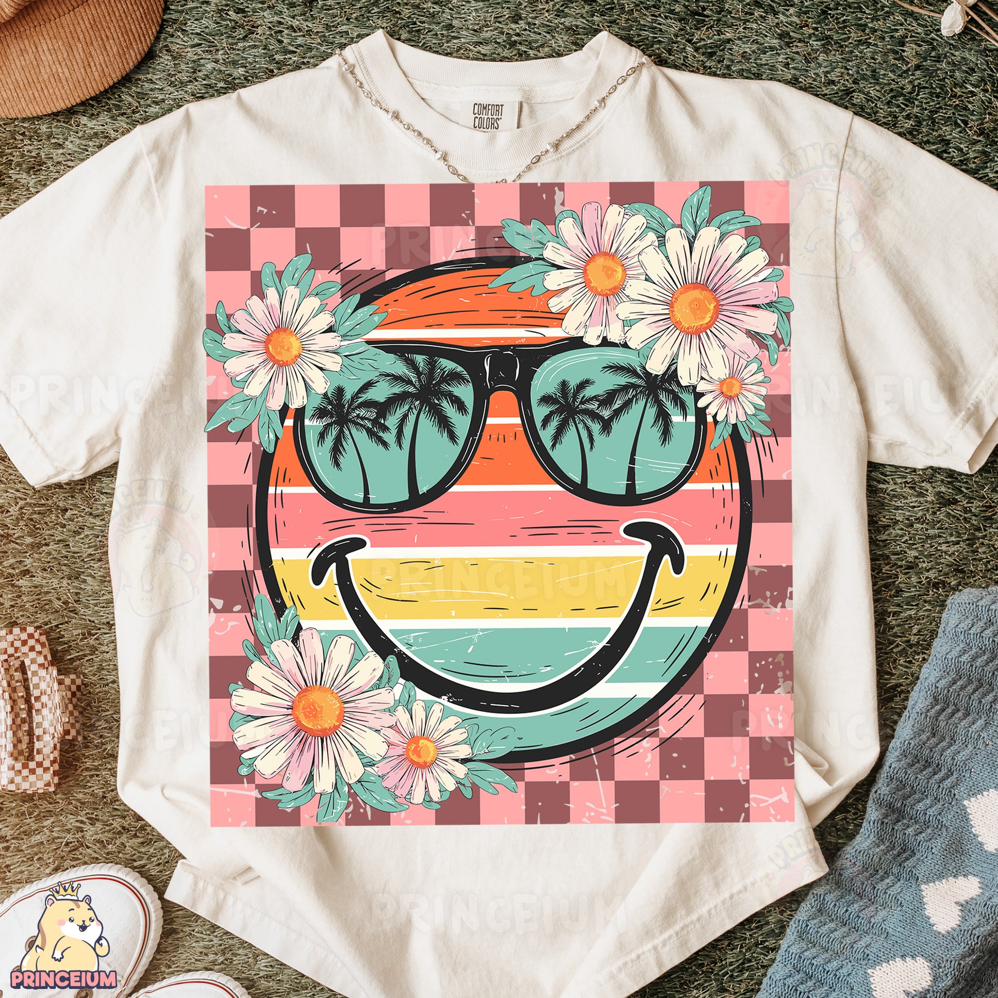 a t - shirt with a picture of a smiley face wearing sunglasses