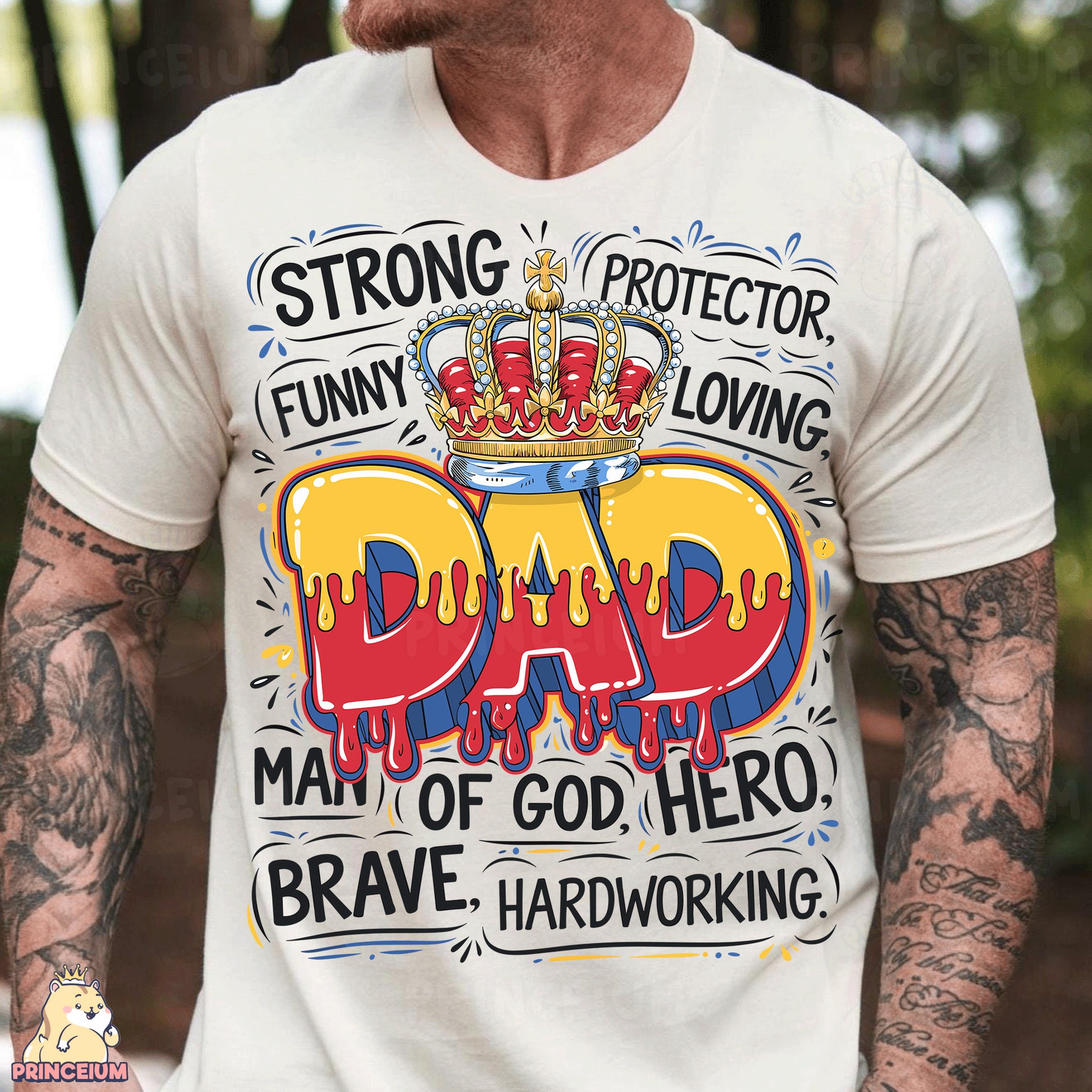 a man wearing a white shirt with a crown on it