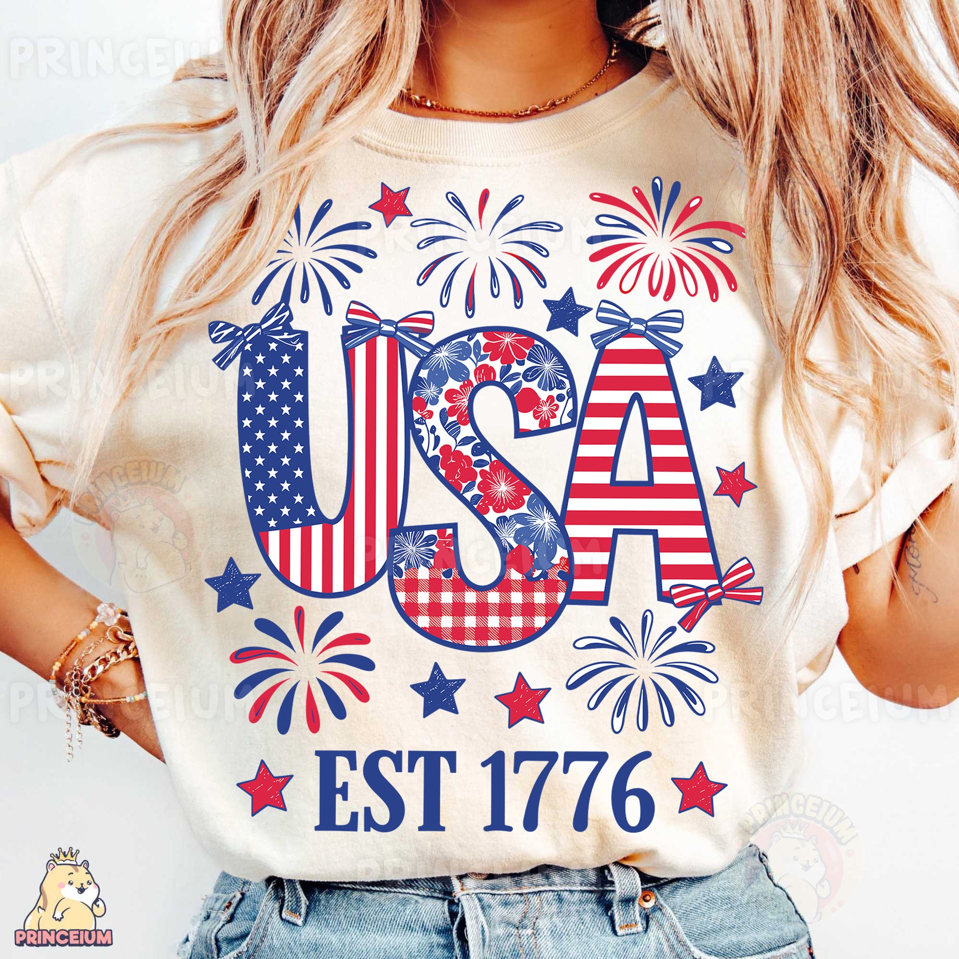 a woman wearing a usa t - shirt with fireworks