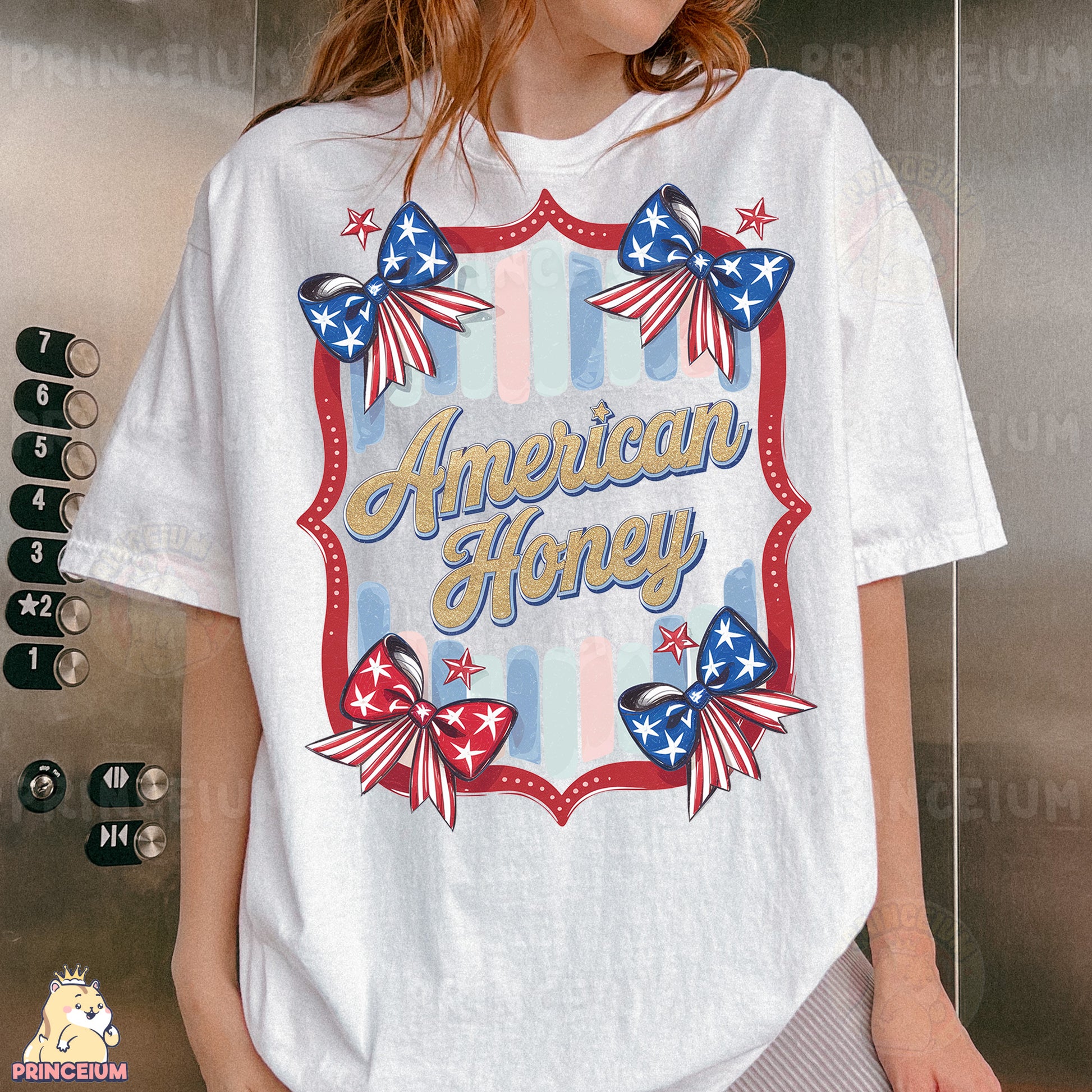 a woman wearing an american honey t - shirt