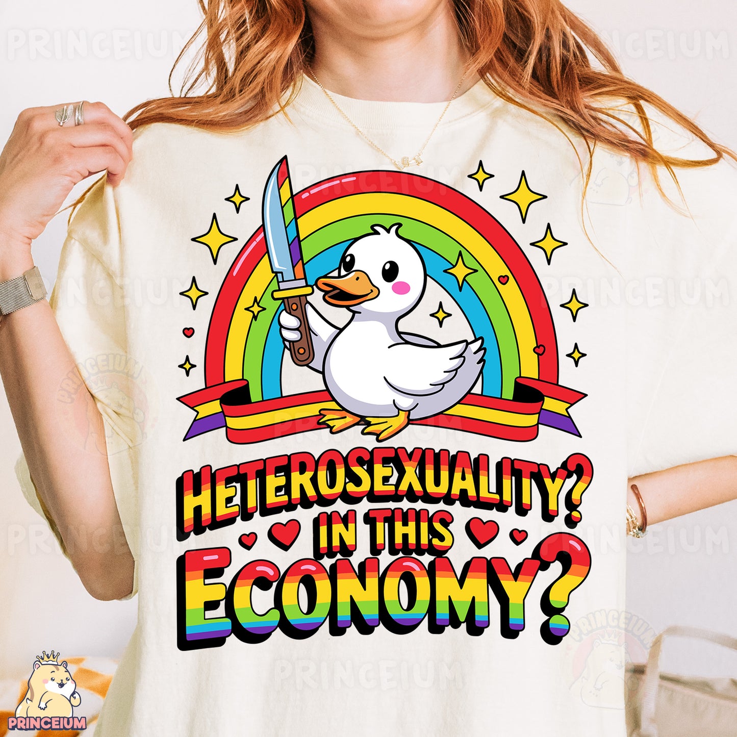 a woman wearing a t - shirt with a duck on it