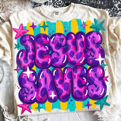 Jesus Saves Sublimation Design PNG | Colorful Leopard Print Christian Digital Download