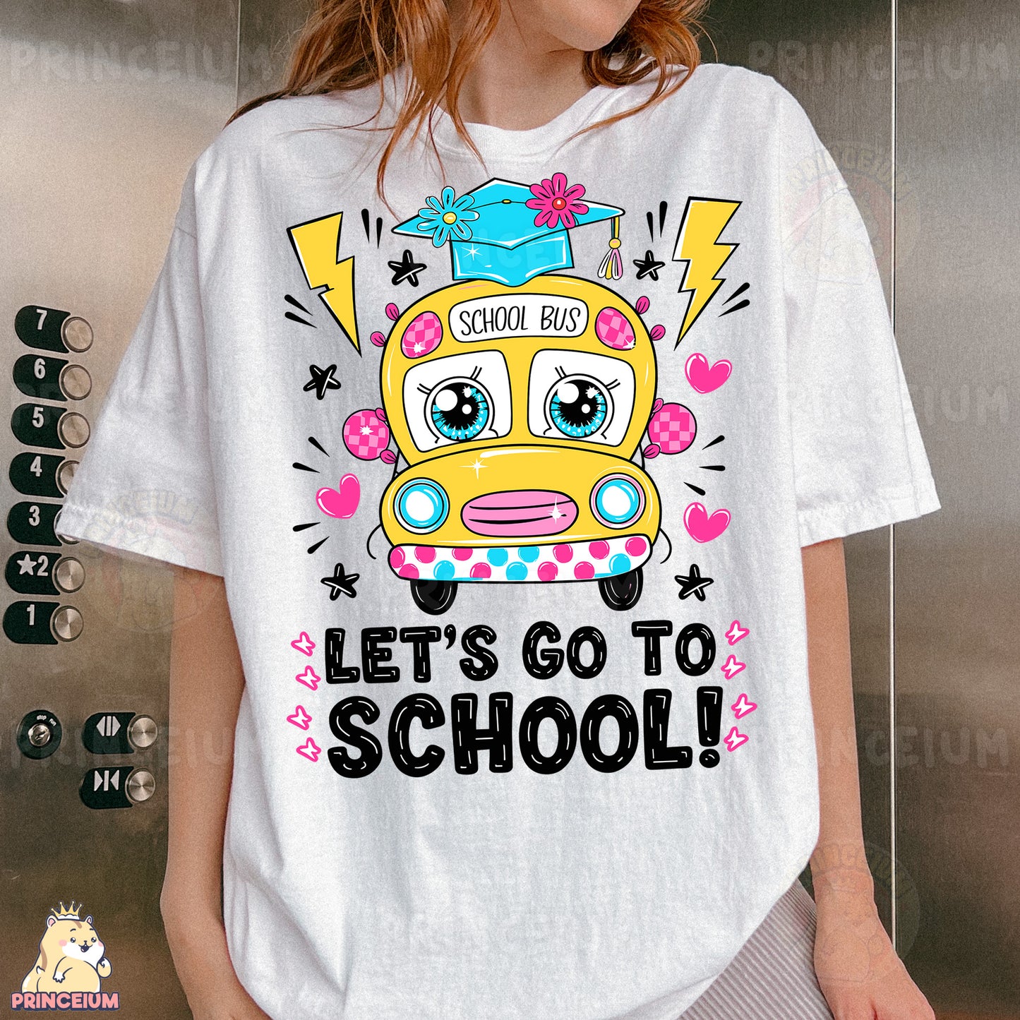 a woman wearing a white tshirt with a school bus on it