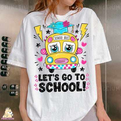 a woman wearing a white tshirt with a school bus on it