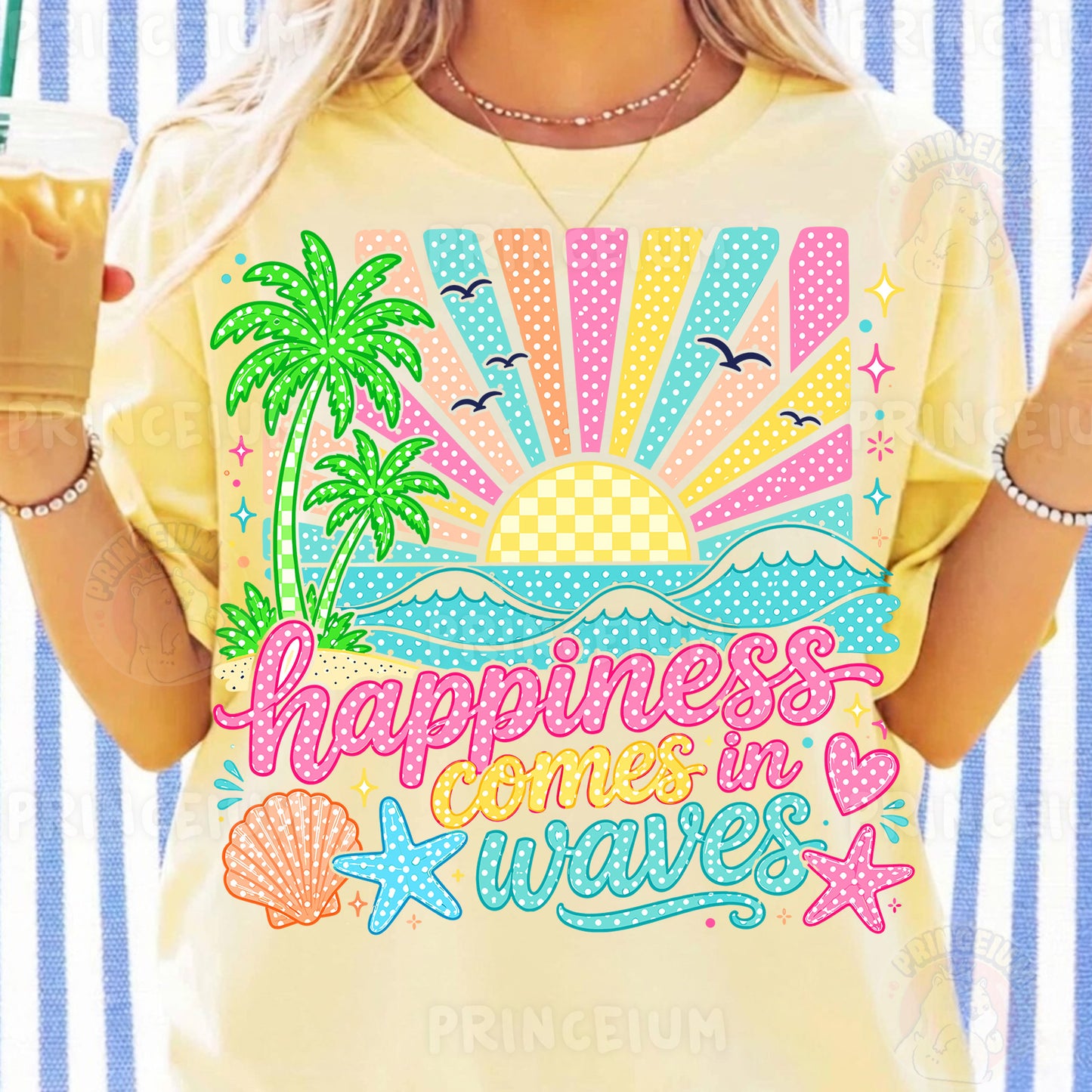 Happiness Comes in Waves PNG, Beach Summer Vacation Design, Cute Coastal Sublimation Graphic