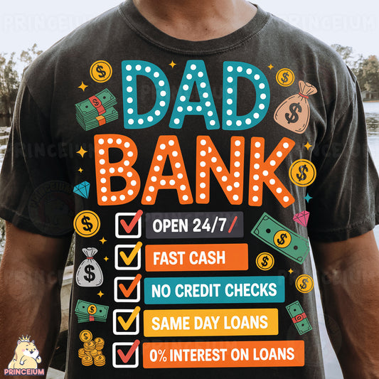 a man wearing a t - shirt that says dad bank