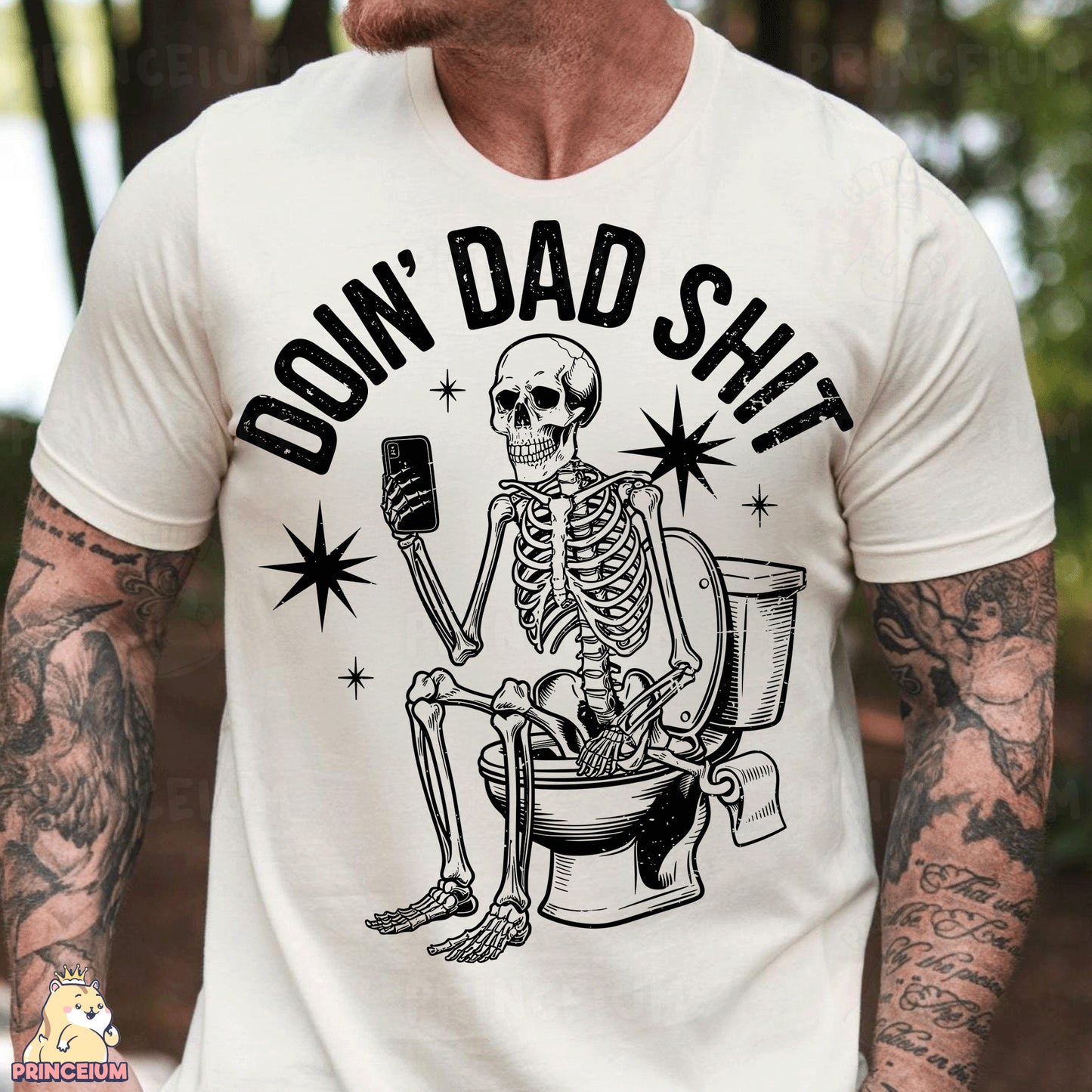 a man wearing a white shirt with a skeleton sitting on a toilet