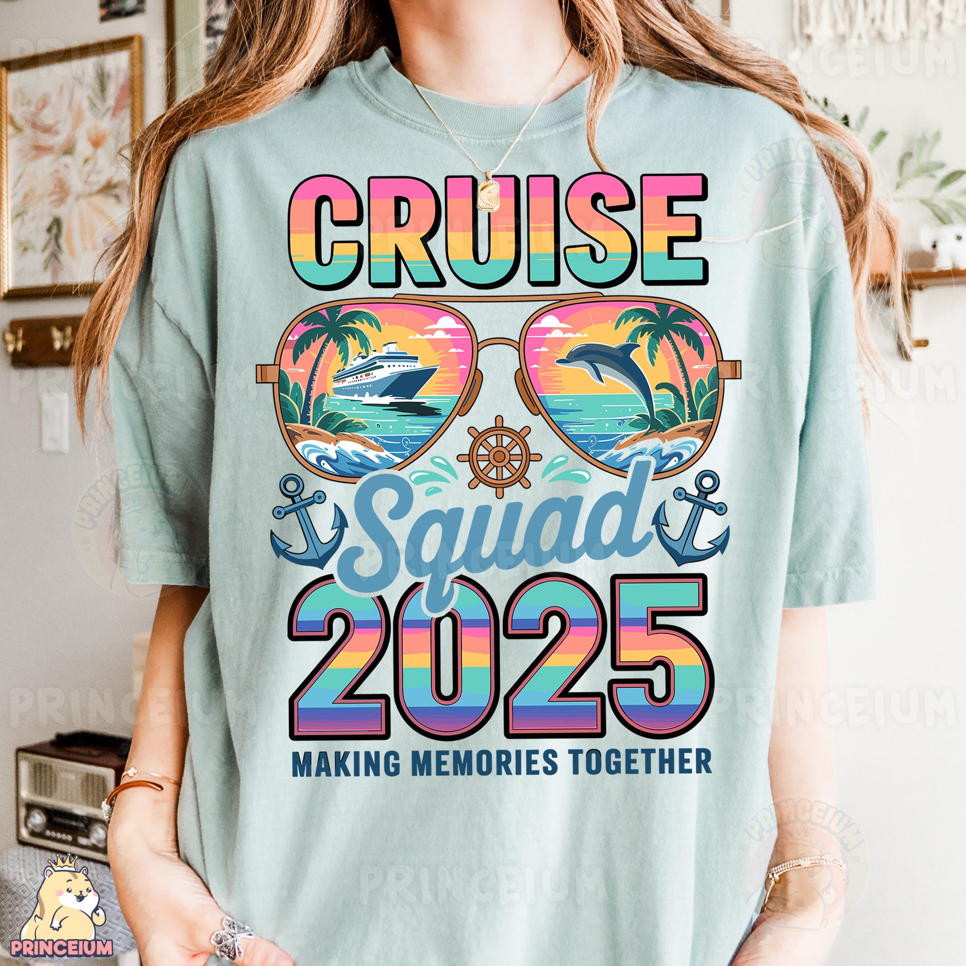 a woman wearing a t - shirt that says cruise squad and 205 making memories together