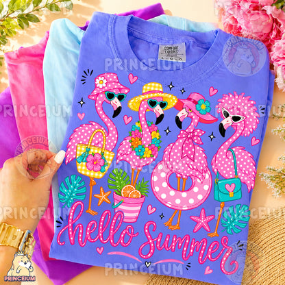 Hello Summer Flamingos Sublimation Design PNG Pink Flamingo Digital Download NEW26
