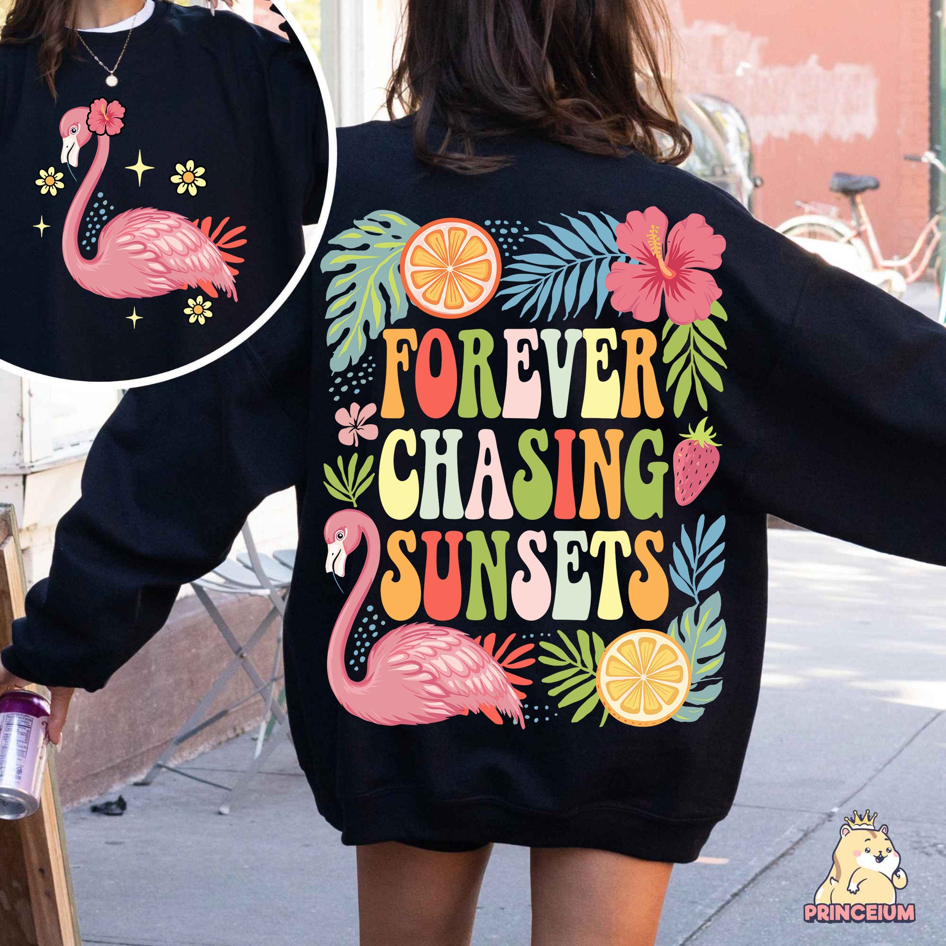 a woman wearing a sweatshirt that says forever chasing sunsets