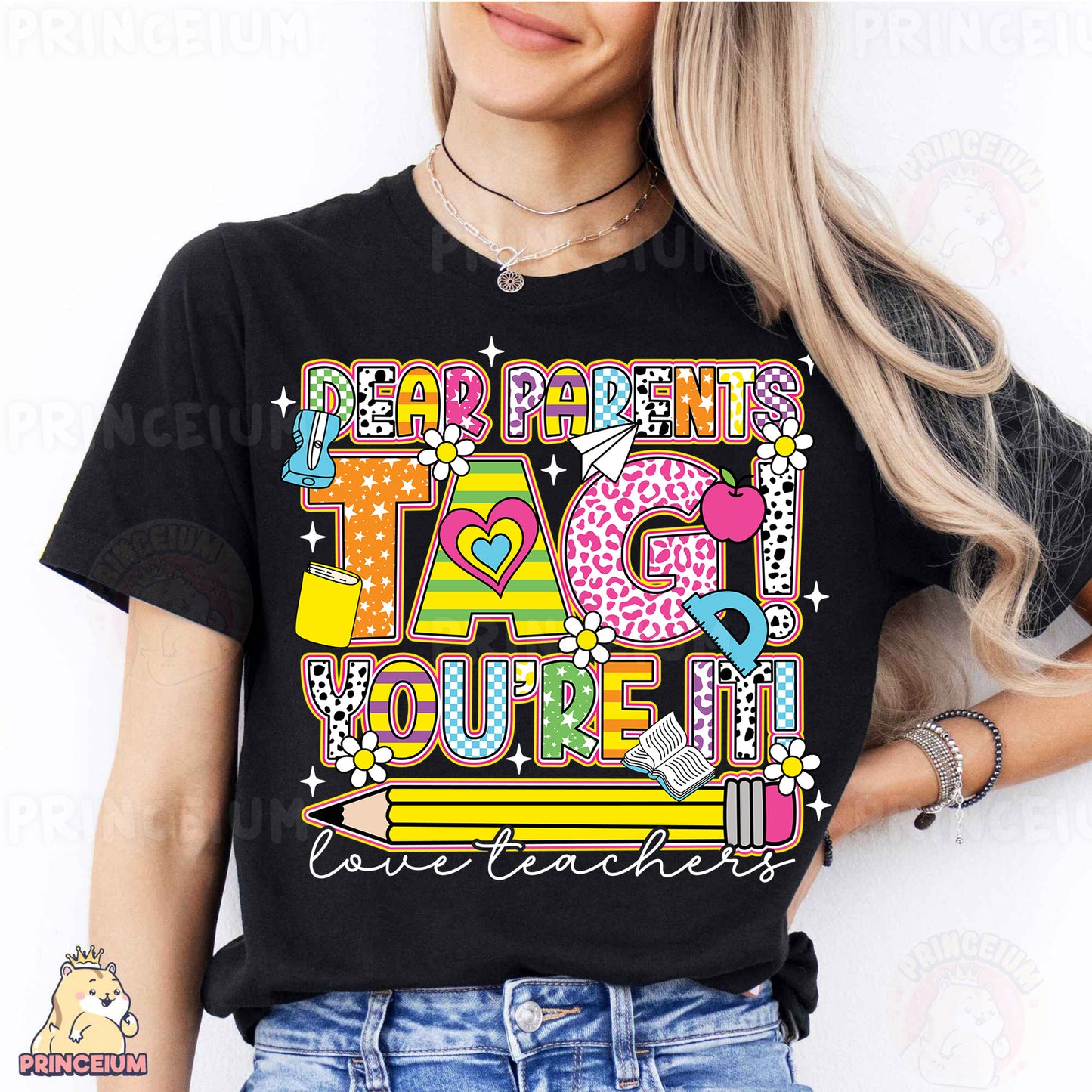 a woman wearing a black t - shirt with the words dear parents tag you '