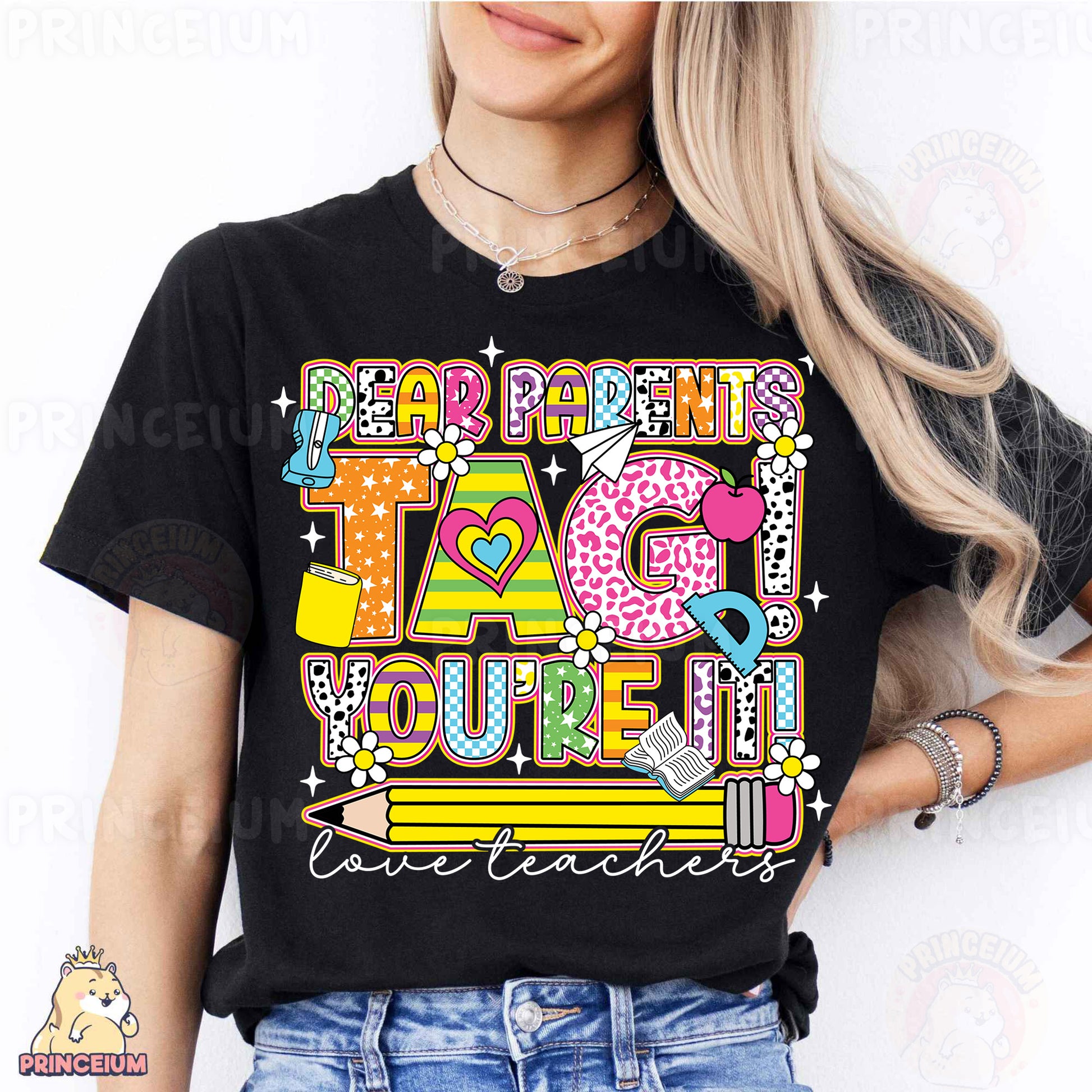 a woman wearing a black t - shirt with the words dear parents tag you '