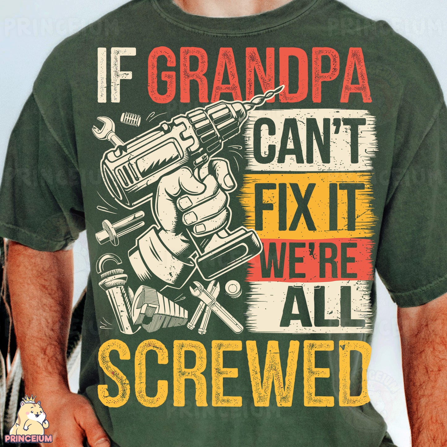 a man wearing a t - shirt that says if grandpa can't fix it