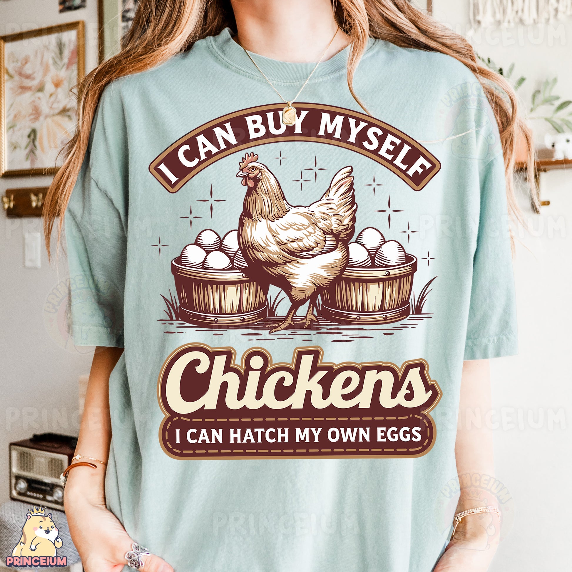 a woman wearing a t - shirt that says i can buy mysela chickens