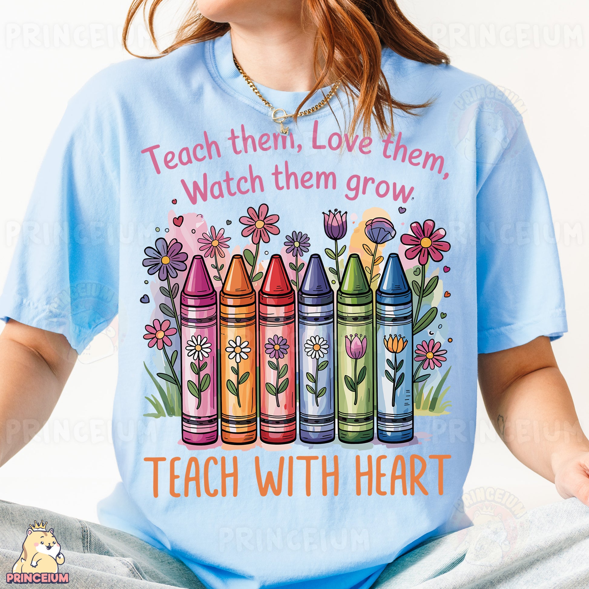 a woman wearing a t - shirt that says teach them, love them, watch