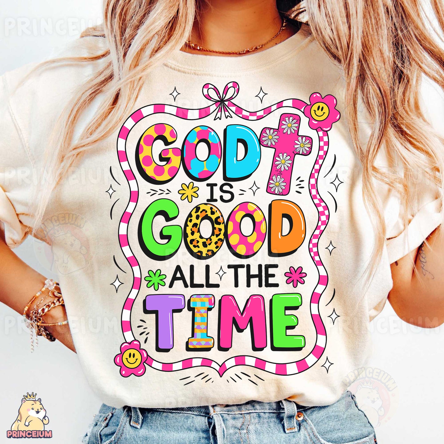 a woman wearing a t - shirt that says god is good all the time