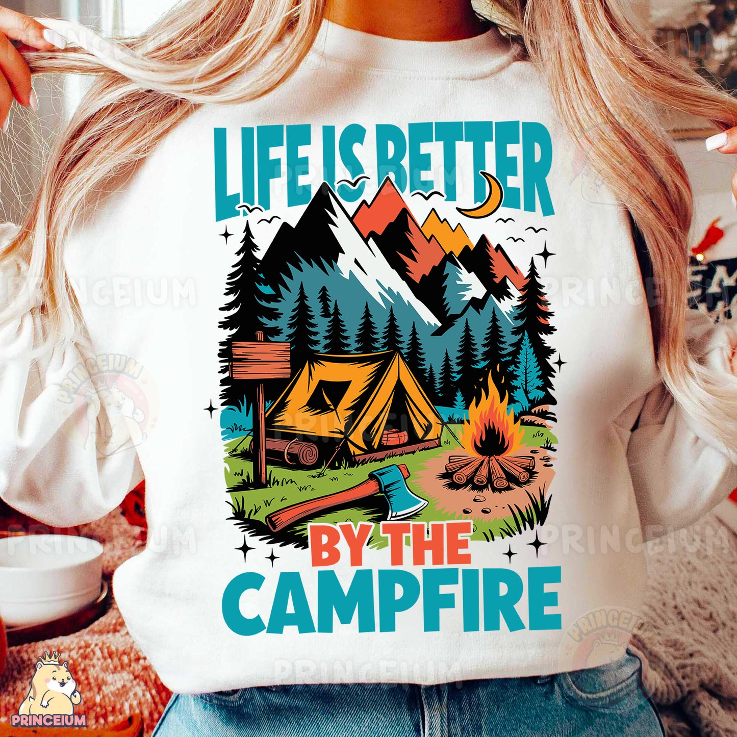 a woman wearing a t - shirt that says life is better by the campfire