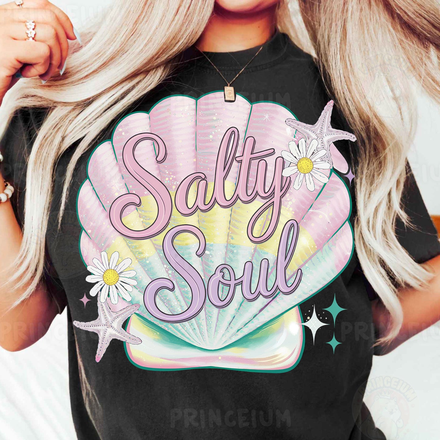 a woman wearing a t - shirt that says salty soul