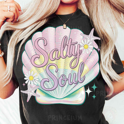 a woman wearing a t - shirt that says salty soul