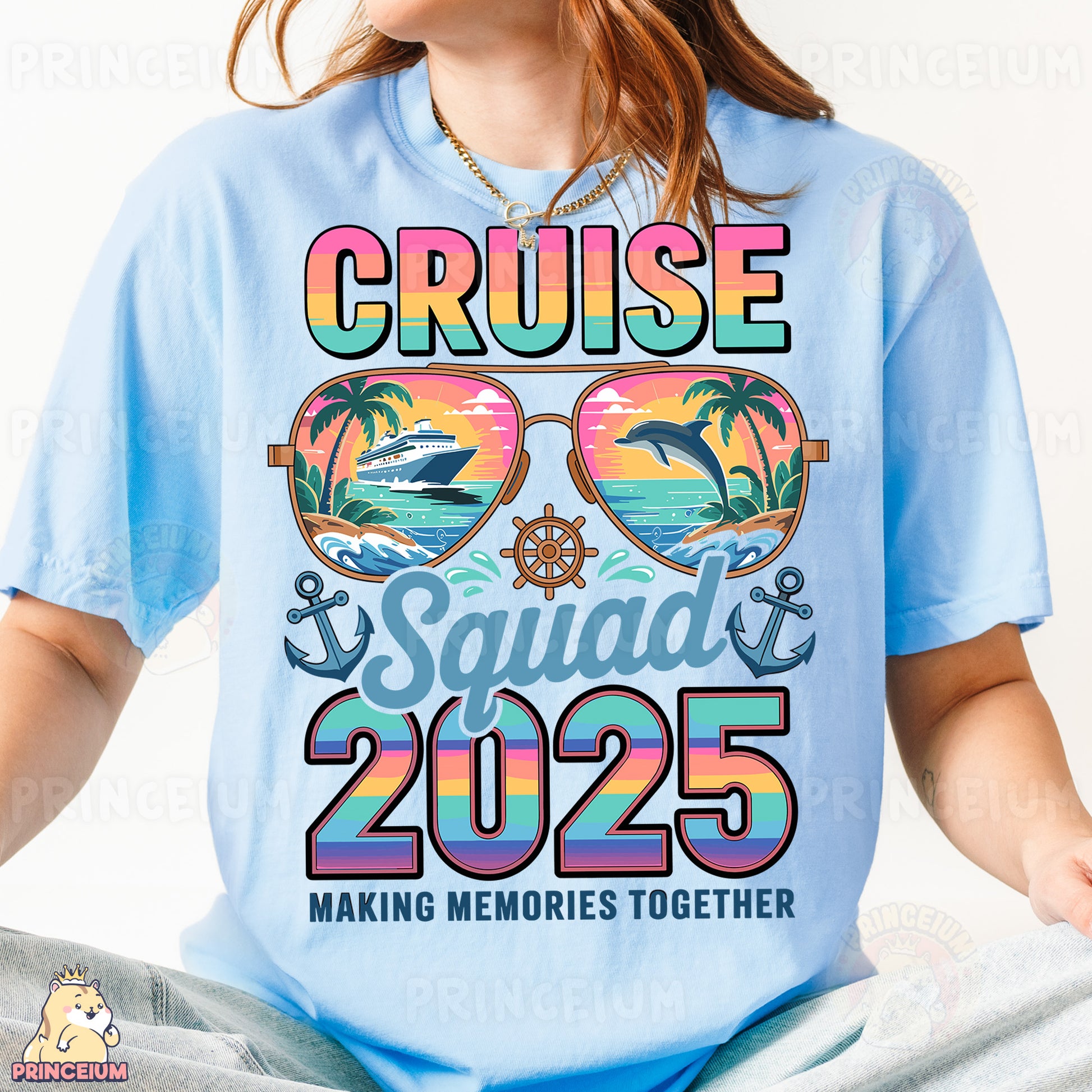 a woman wearing a blue cruise squad shirt