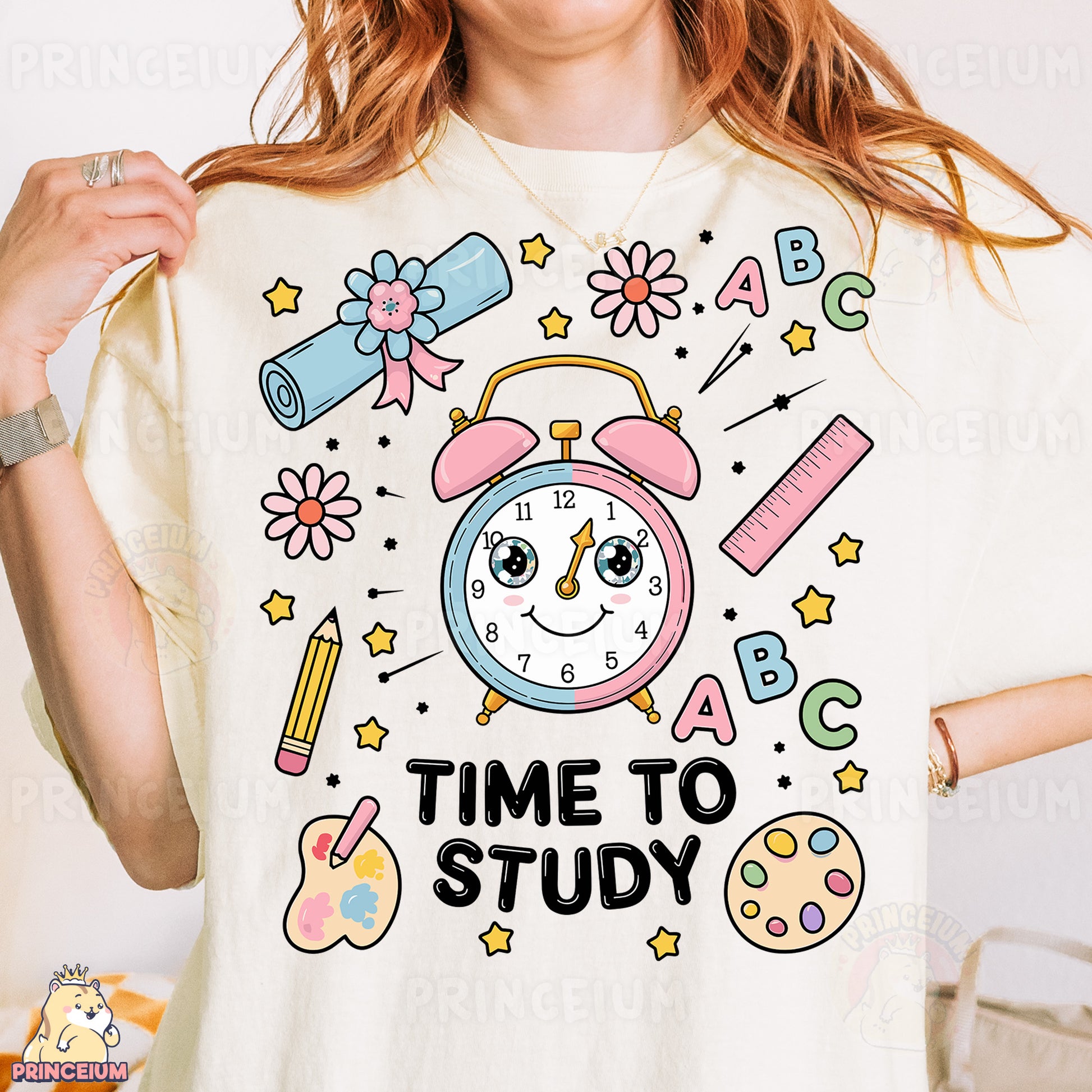 a woman wearing a t - shirt that says time to study