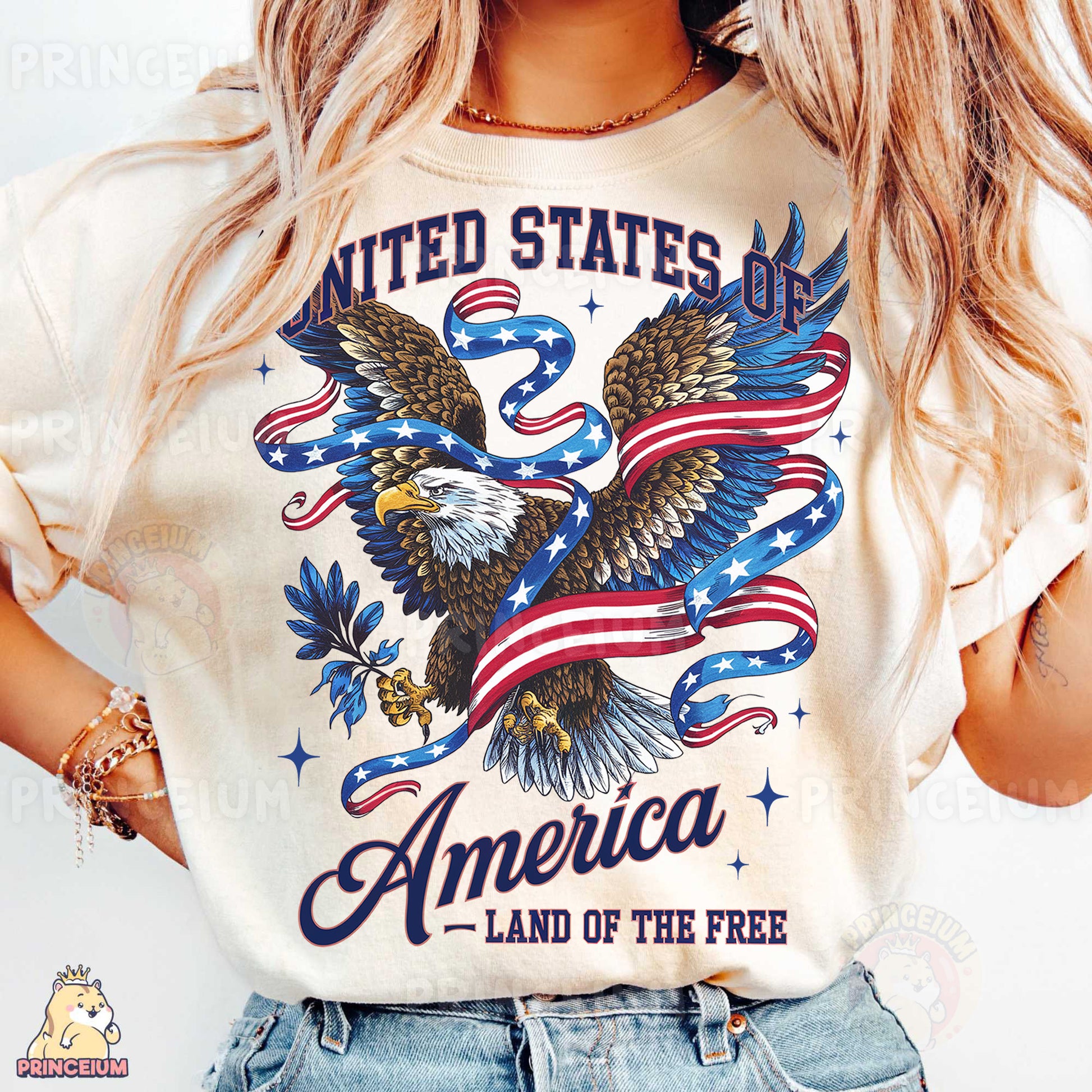 a woman wearing a united states of america t - shirt