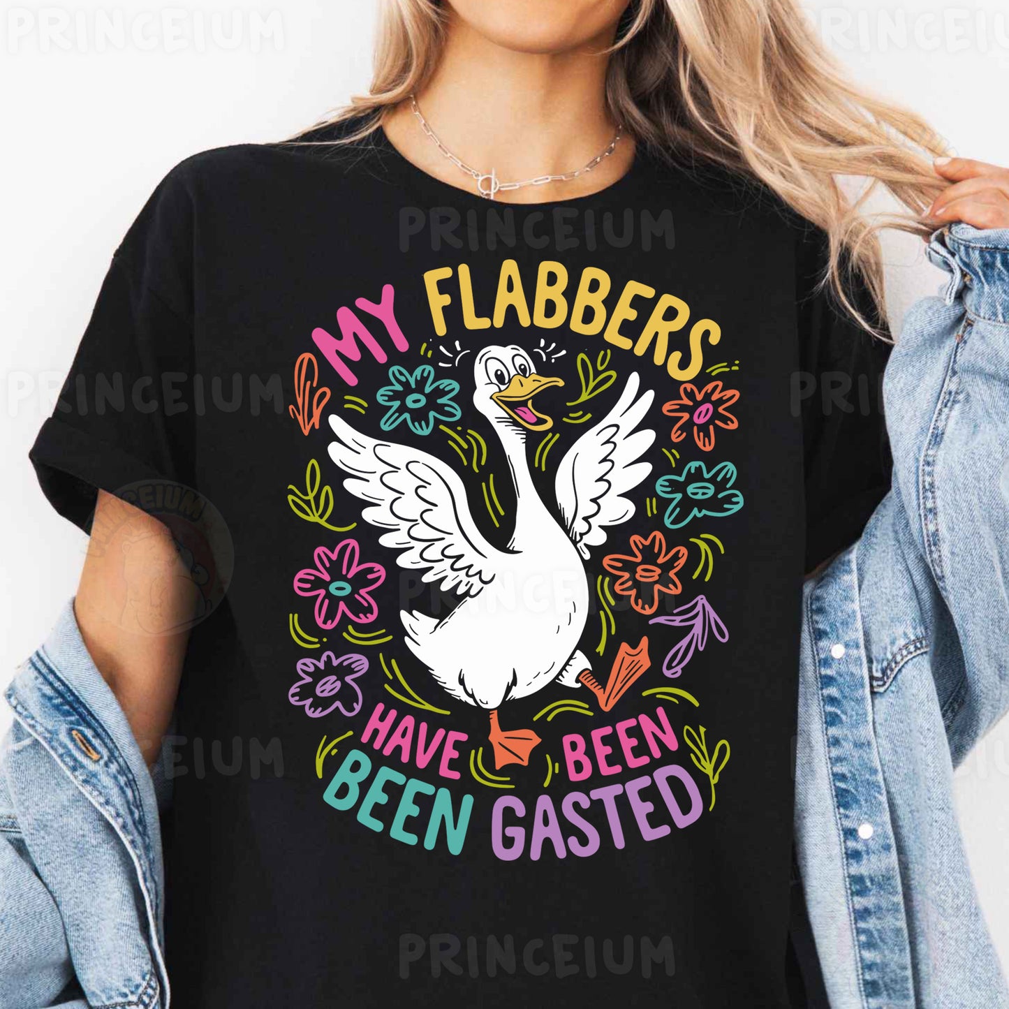 a woman wearing a black t - shirt that says, my flabbers have