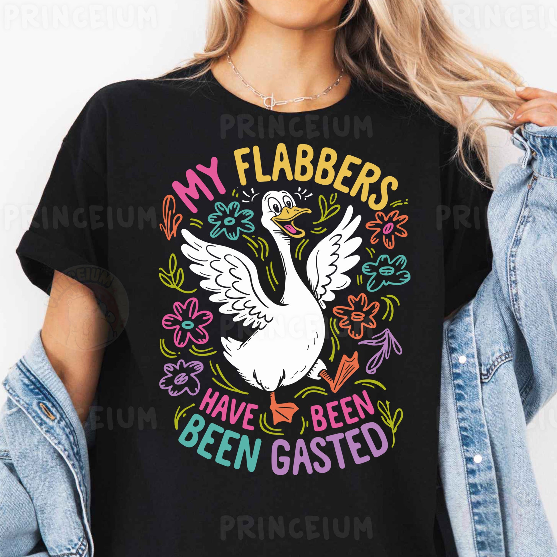a woman wearing a black t - shirt that says, my flabbers have