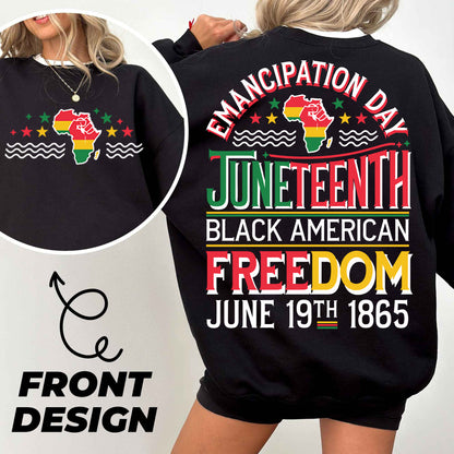 a woman wearing a black sweatshirt with the message black american freedom on it