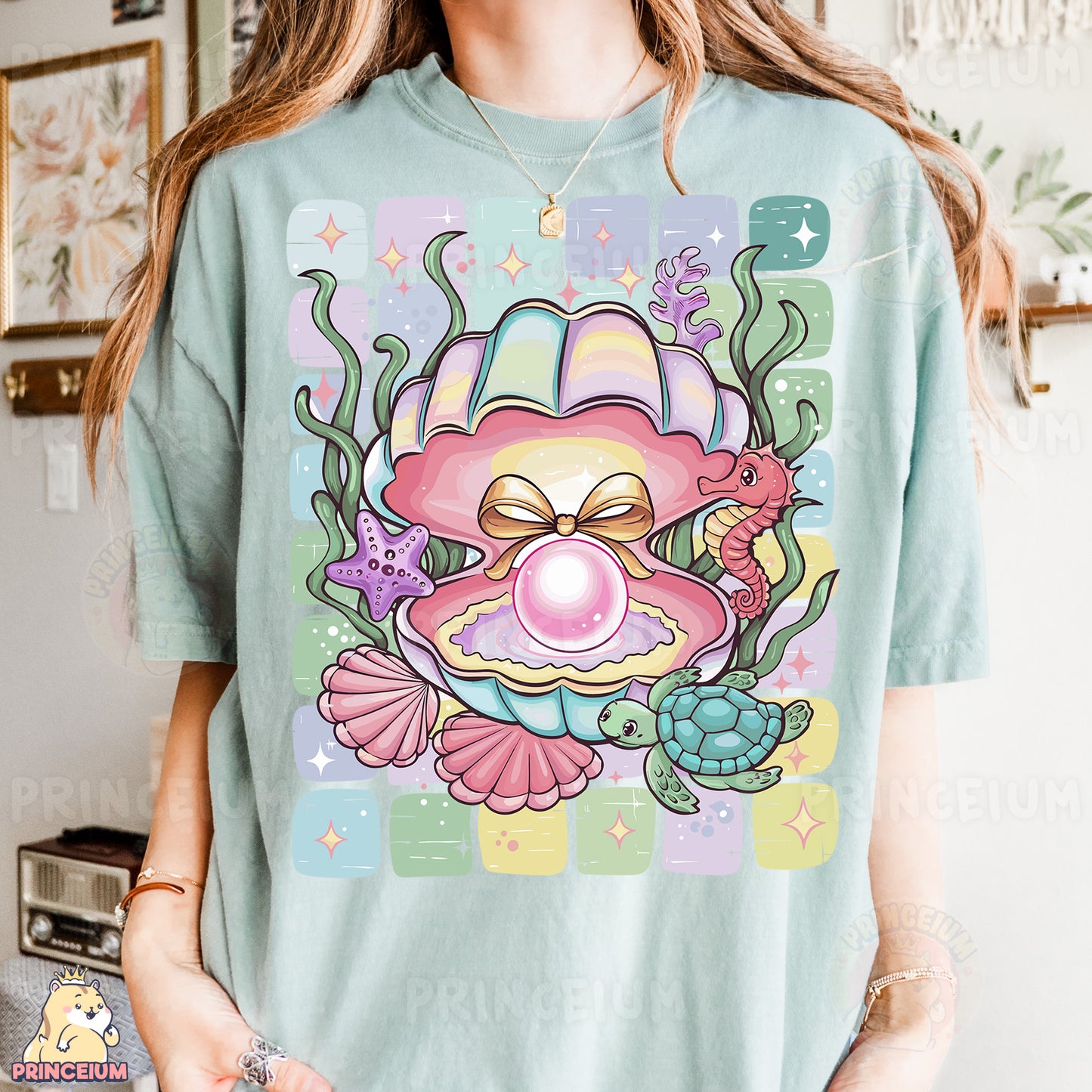 a woman wearing a t - shirt with an octopus on it