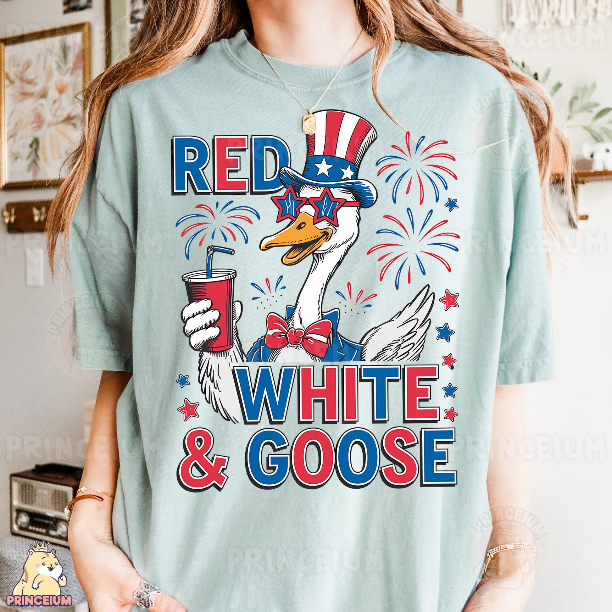 a woman wearing a red, white and goose t - shirt