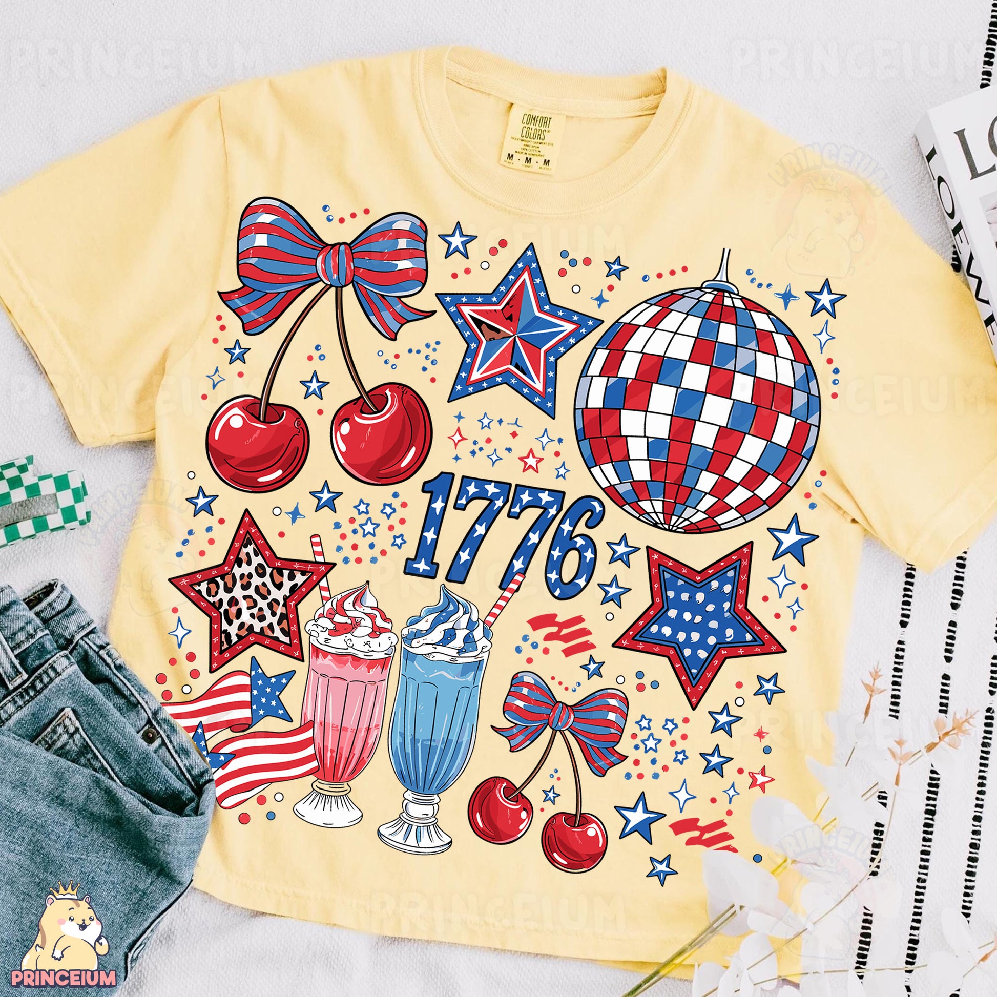 a yellow t - shirt with an american flag design