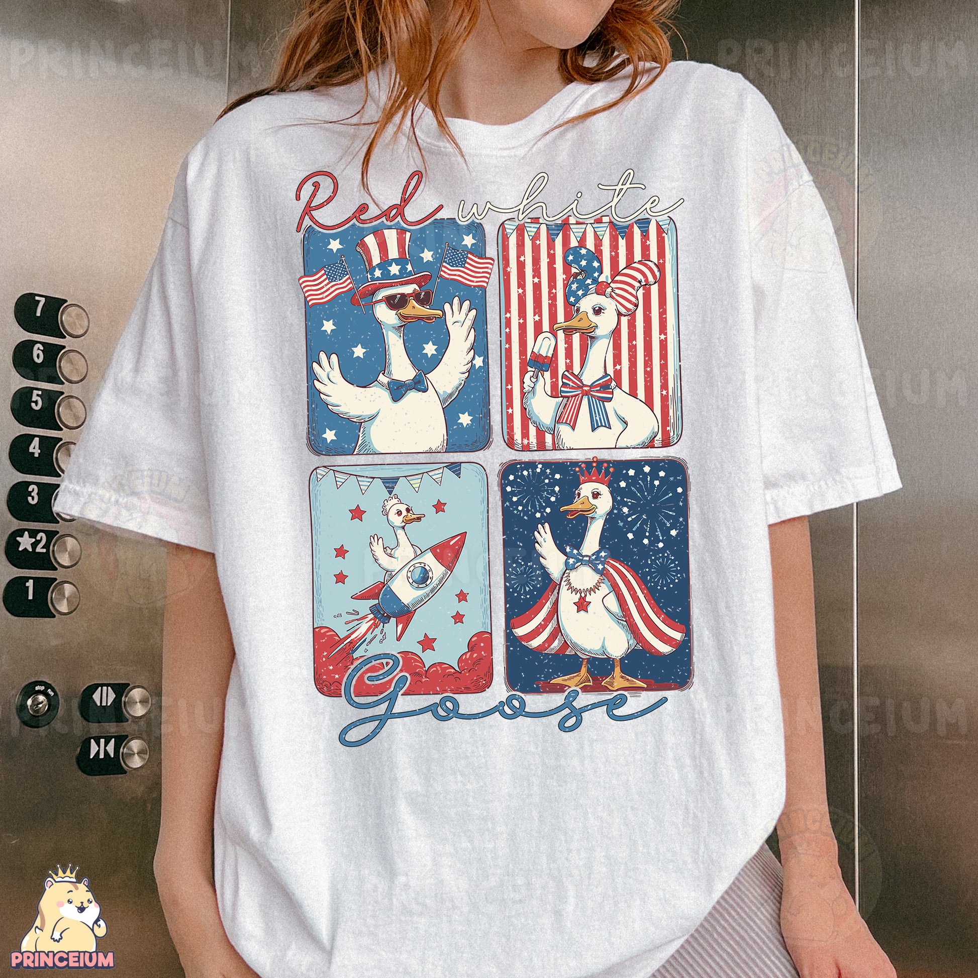 a woman wearing a white t - shirt with patriotic images on it