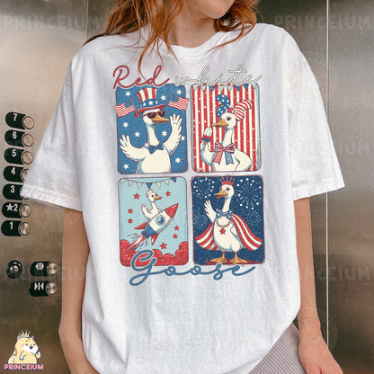 a woman wearing a white t - shirt with patriotic images on it