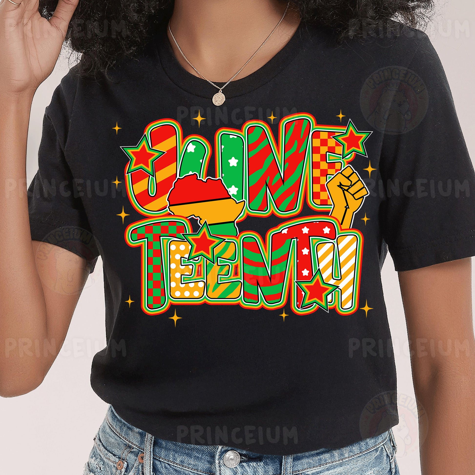 a woman wearing a black t - shirt with a christmas message