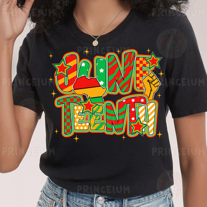 a woman wearing a black t - shirt with a christmas message
