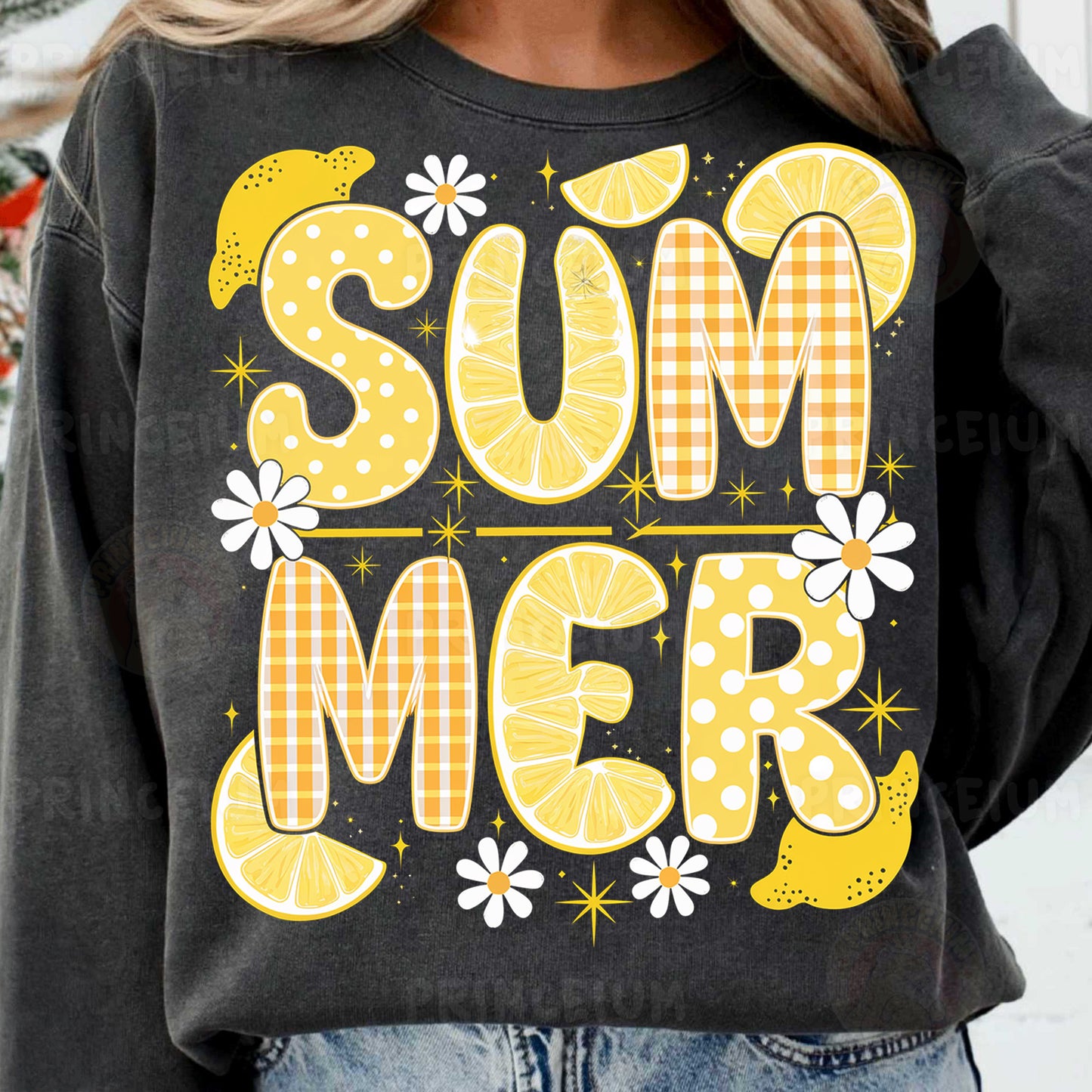 a woman wearing a black sweatshirt with the words summer on it