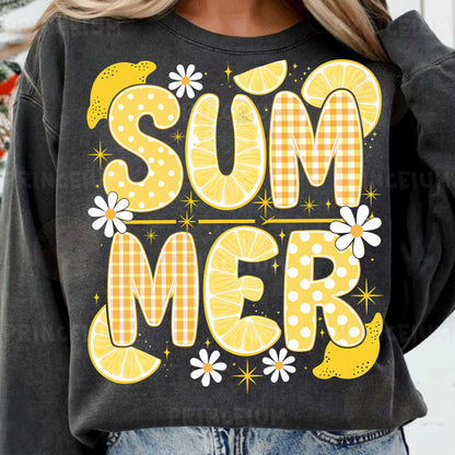a woman wearing a black sweatshirt with the words summer on it