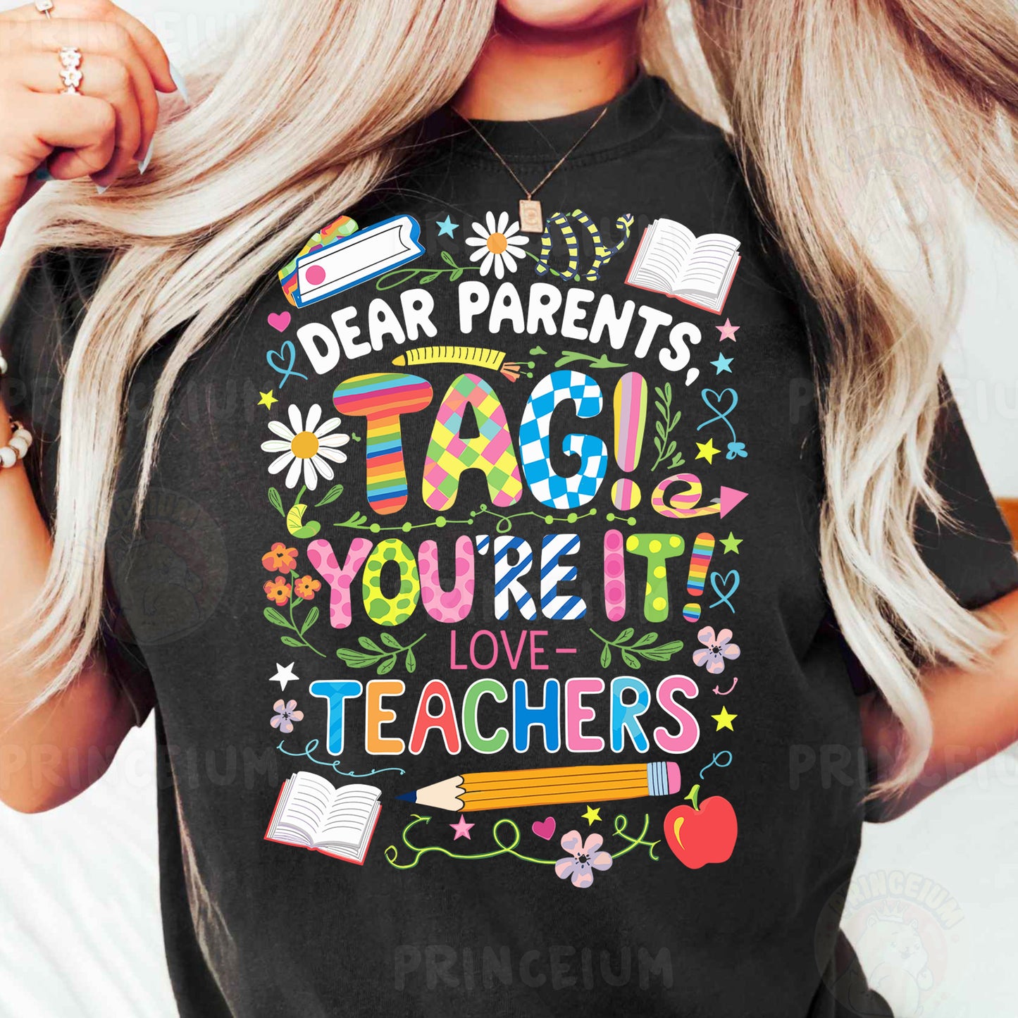 a woman wearing a t - shirt that says dear parents tag you're it