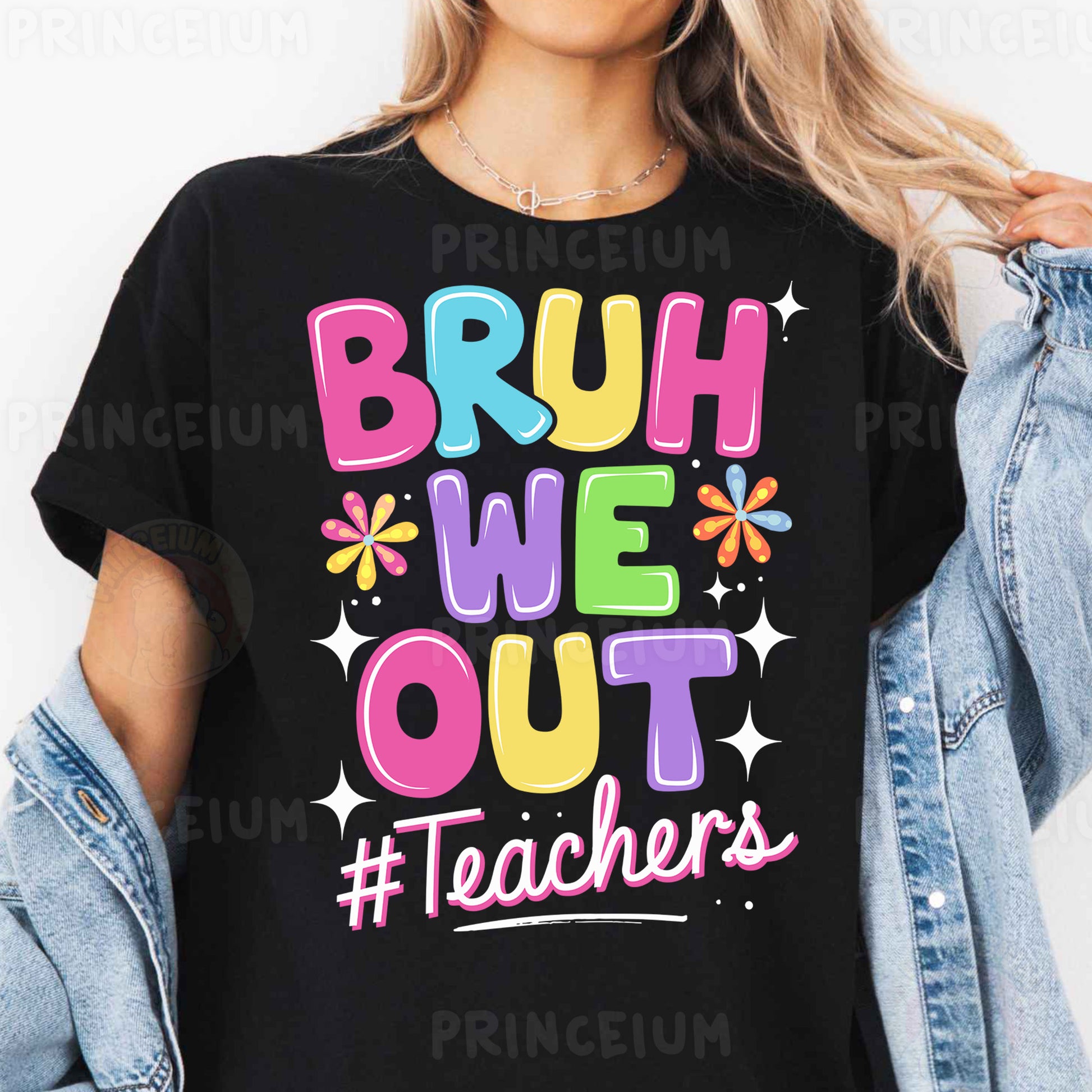 a woman wearing a t - shirt that says bruh we out teachers