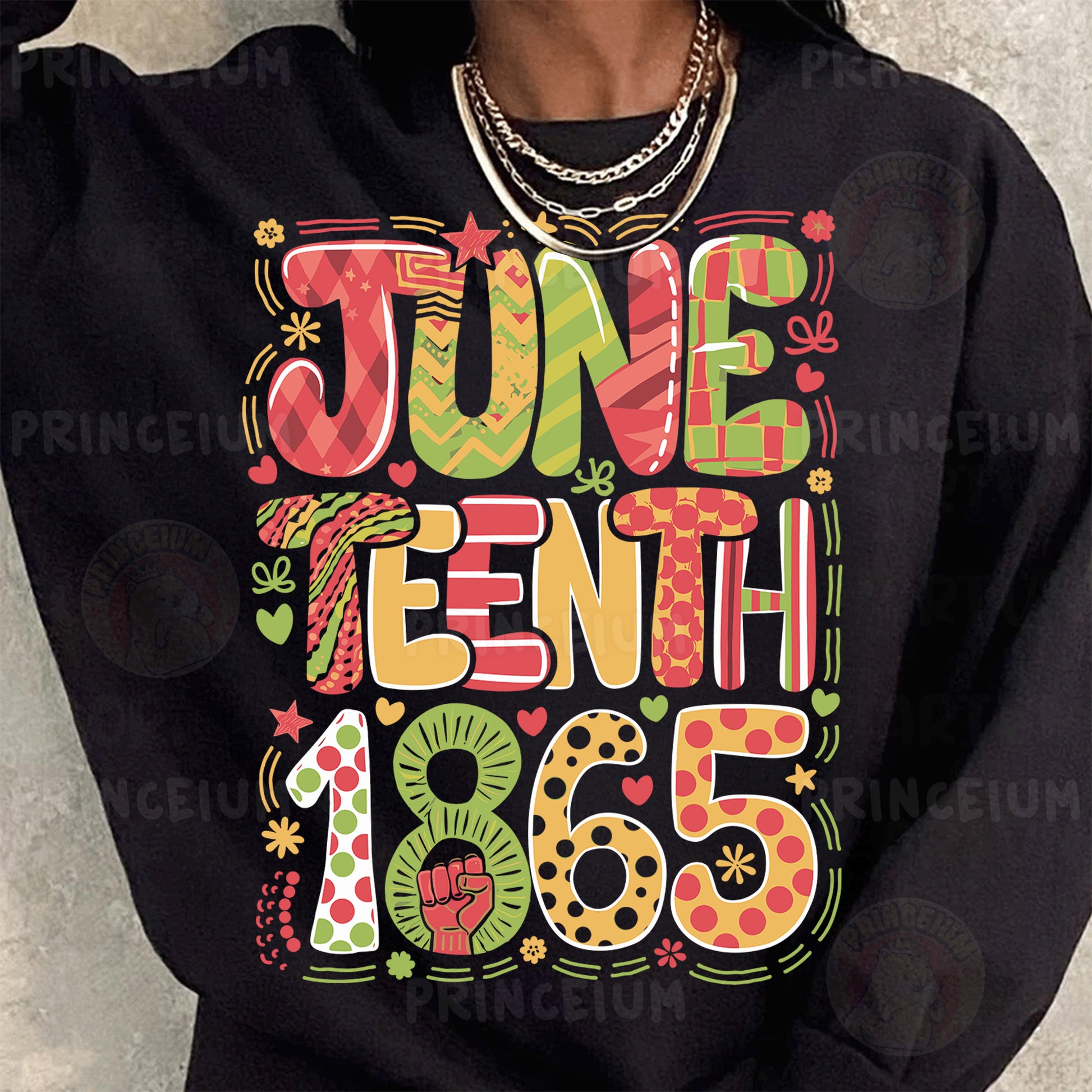 a woman wearing a black sweatshirt with the words june tenth 1965 printed on it